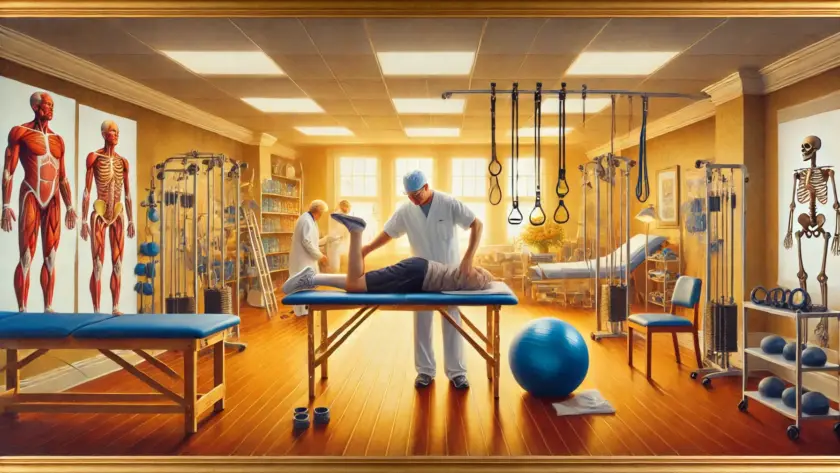 DALL·E 2025 02 27 10.08.15 A wide oil painting depicting a detailed and professional physical therapy session. A therapist carefully assists a patient in performing rehabilitati