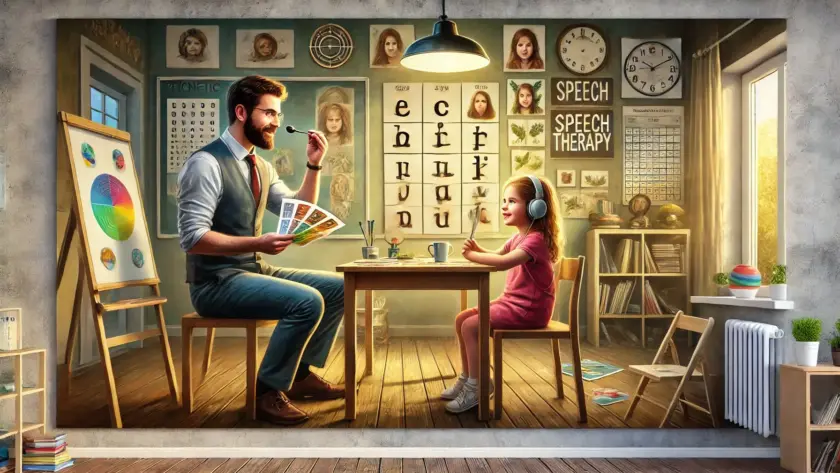 DALL·E 2025 02 27 10.09.04 A wide oil painting depicting a detailed and professional speech therapy session. A therapist sits across from a child at a table using picture cards