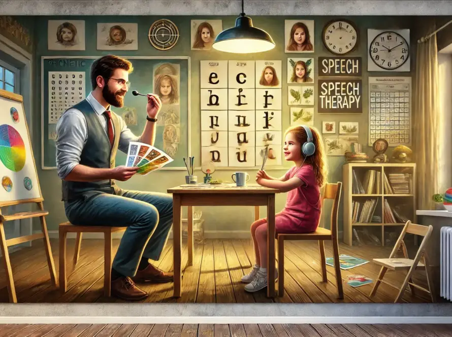 DALL·E 2025 02 27 10.09.04 A wide oil painting depicting a detailed and professional speech therapy session. A therapist sits across from a child at a table using picture cards