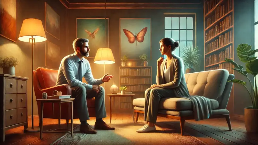 DALL·E 2025 02 27 10.10.49 A wide oil painting depicting a professional and compassionate psychotherapy session. A therapist sits in a cozy warmly lit office attentively liste