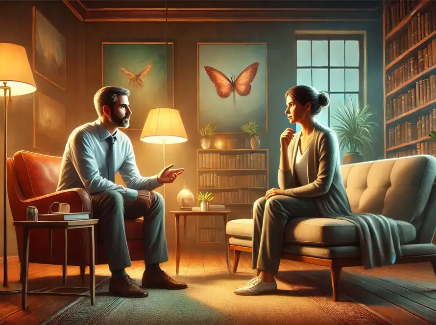 DALL·E 2025 02 27 10.10.49 A wide oil painting depicting a professional and compassionate psychotherapy session. A therapist sits in a cozy warmly lit office attentively liste