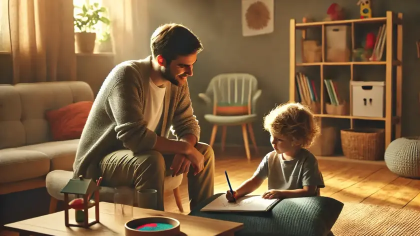 DALL·E 2025 02 27 10.22.05 A warm and comforting childrens therapy session in a wide cozy room. A child and a therapist sit together in a safe and welcoming environment. The c 1