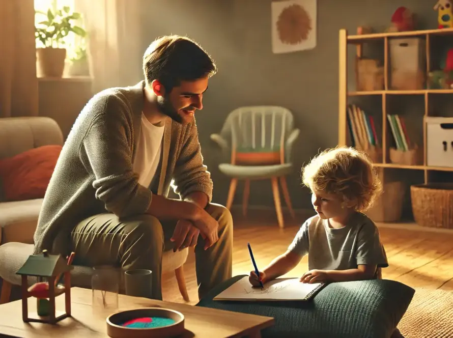 DALL·E 2025 02 27 10.22.05 A warm and comforting childrens therapy session in a wide cozy room. A child and a therapist sit together in a safe and welcoming environment. The c 1